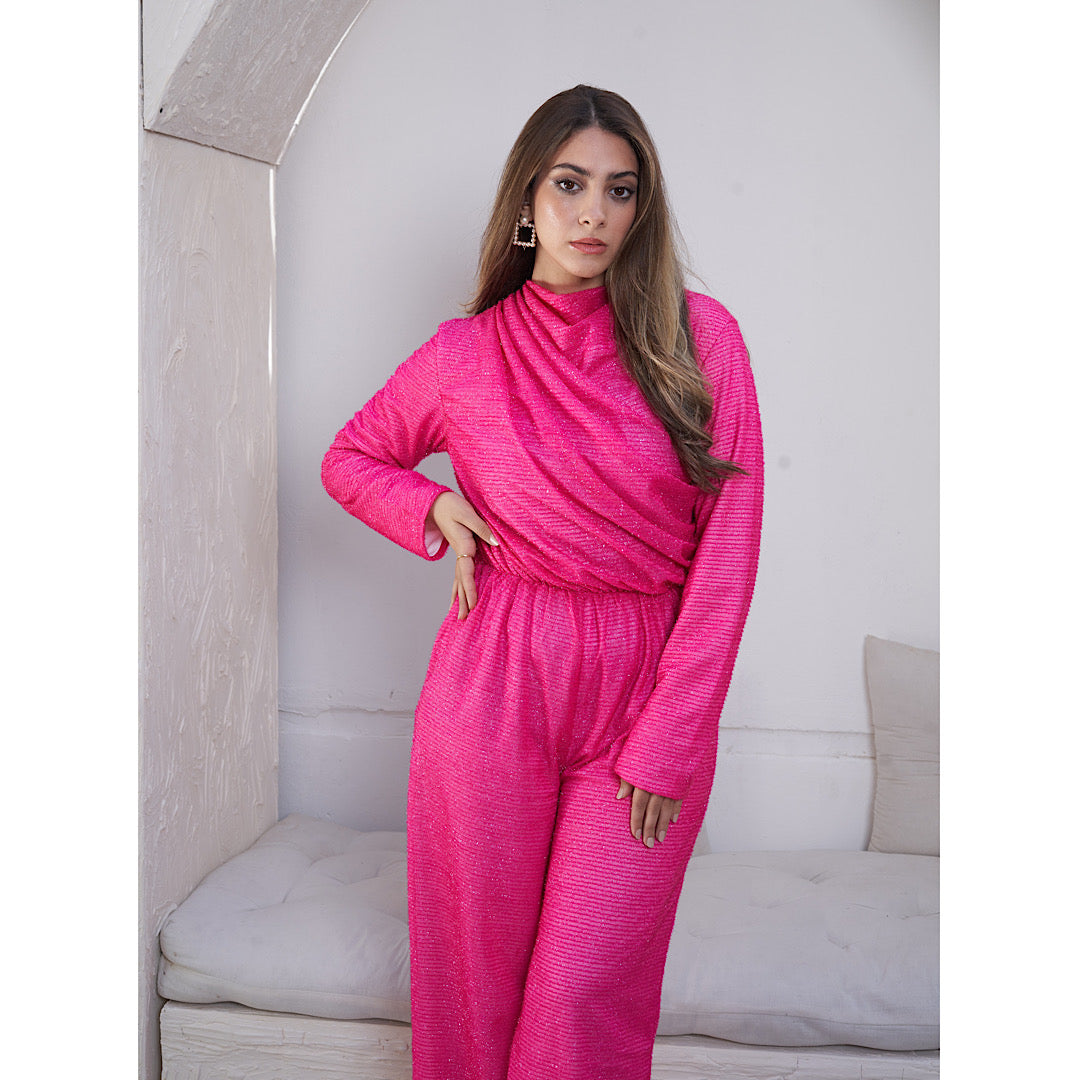 Pink glittery draped jumpsuit The Gallery