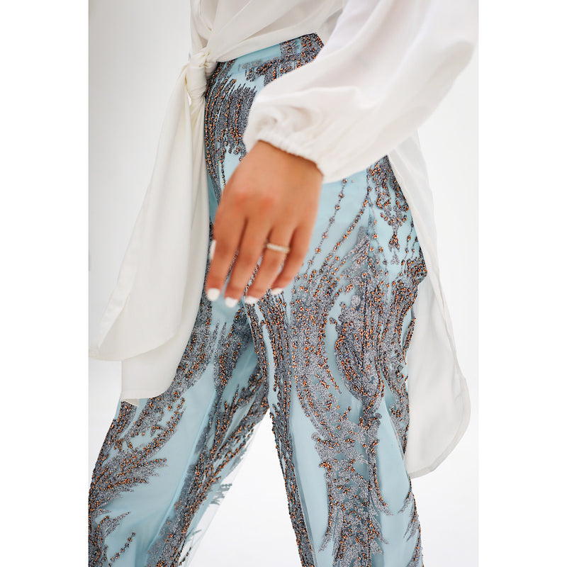 Ice blue embroidered tulle pants