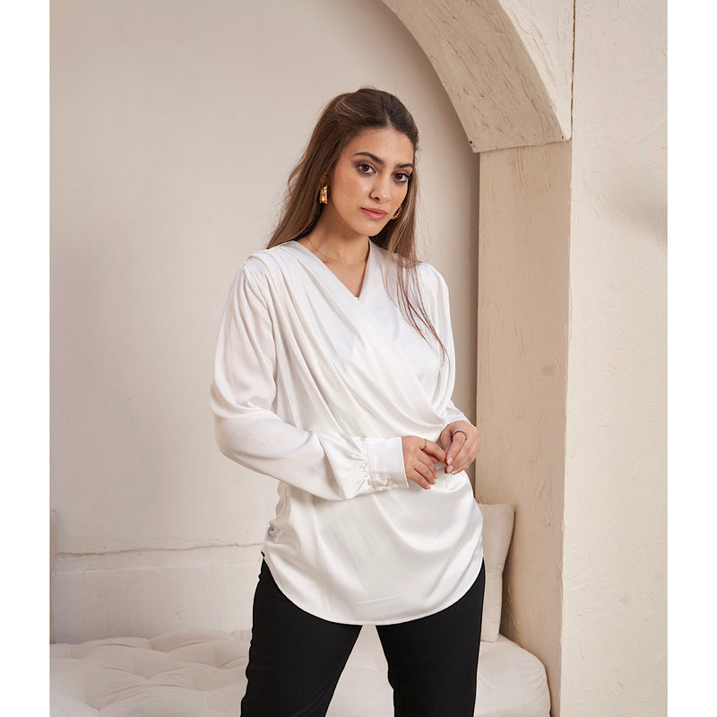 Double breasted off white satin blouse