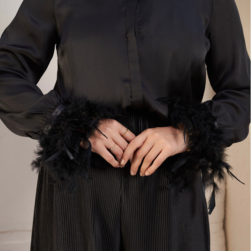 Black Feather trimmed satin blouse