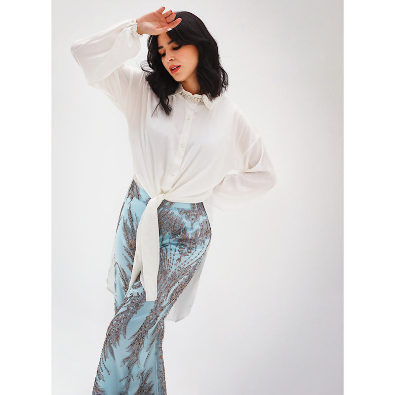 Ice blue embroidered tulle pants