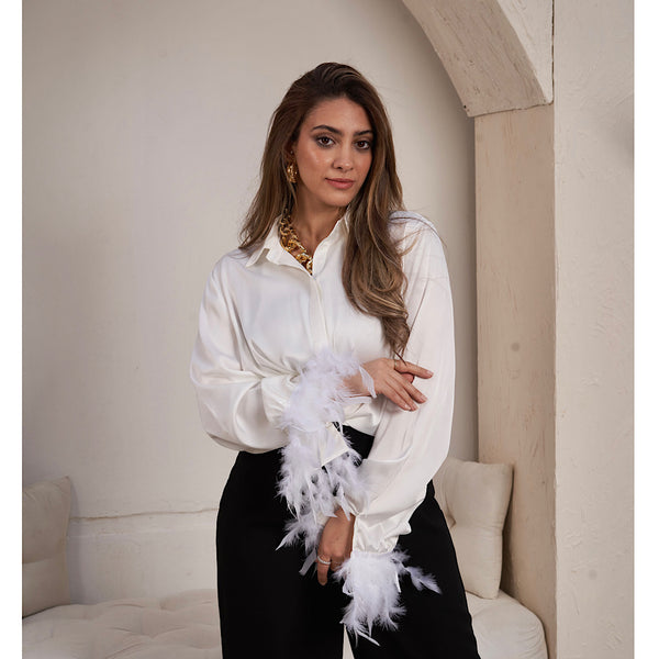 Feather trimmed satin blouse