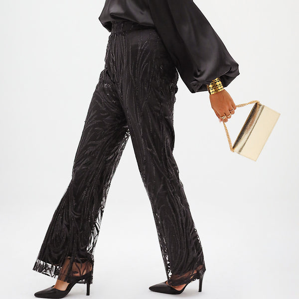 Embroidered tulle black pants