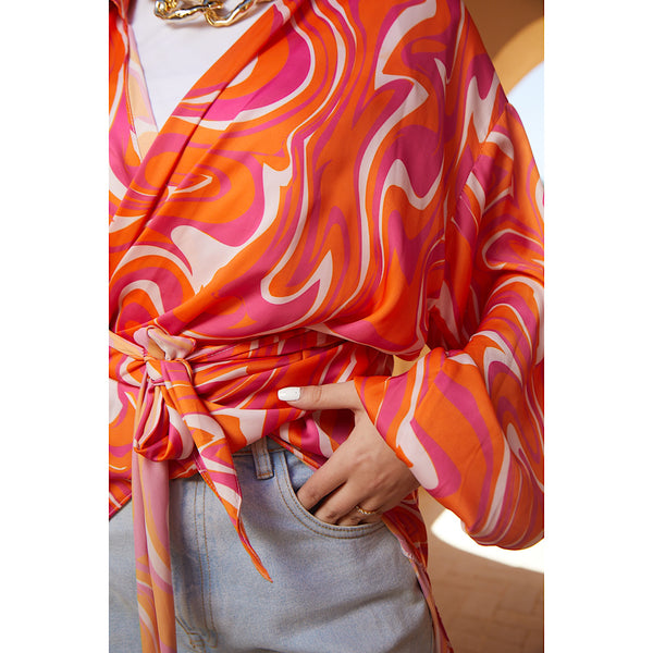 Printed Orange satin wrap draped blouse