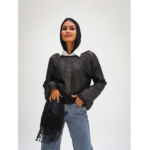 Black open knit sequin top
