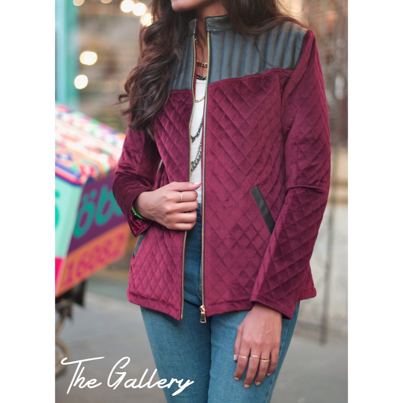Burgundy Quilted velvet and leather jacket