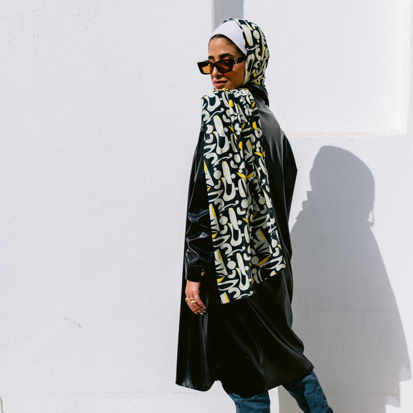 Black , white & yellow printed chiffon headscarf