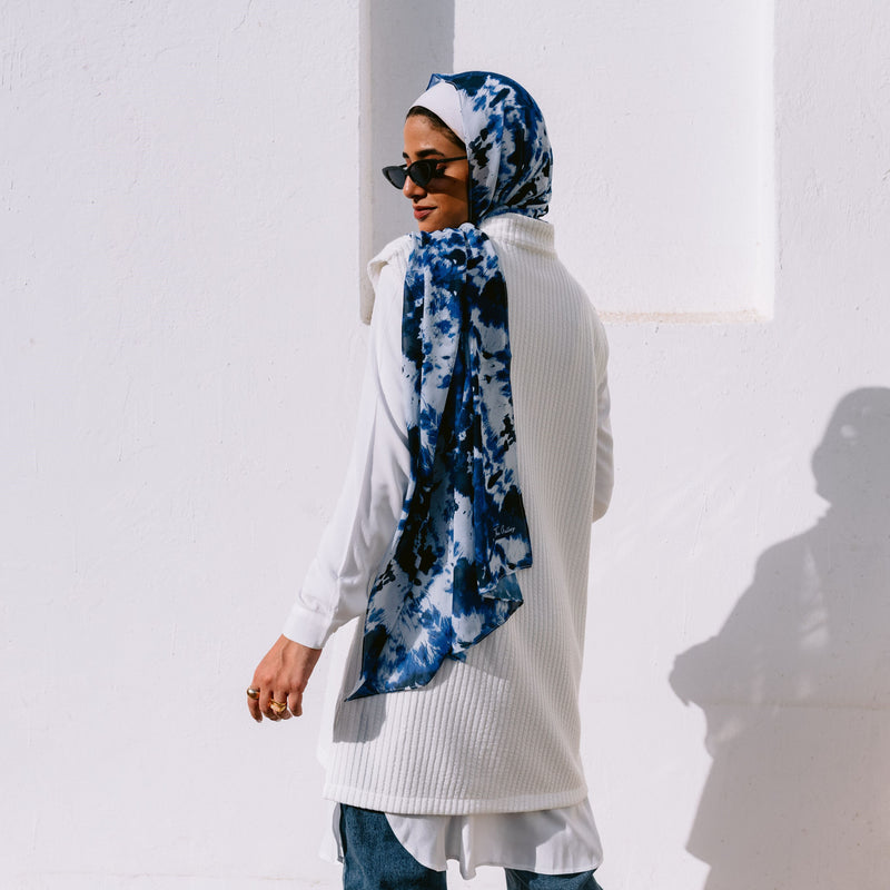 White & blue tie dyed chiffon headscarf
