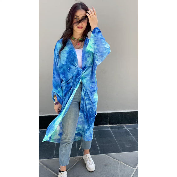 Blue contrast tie dyed wrap front cardigan