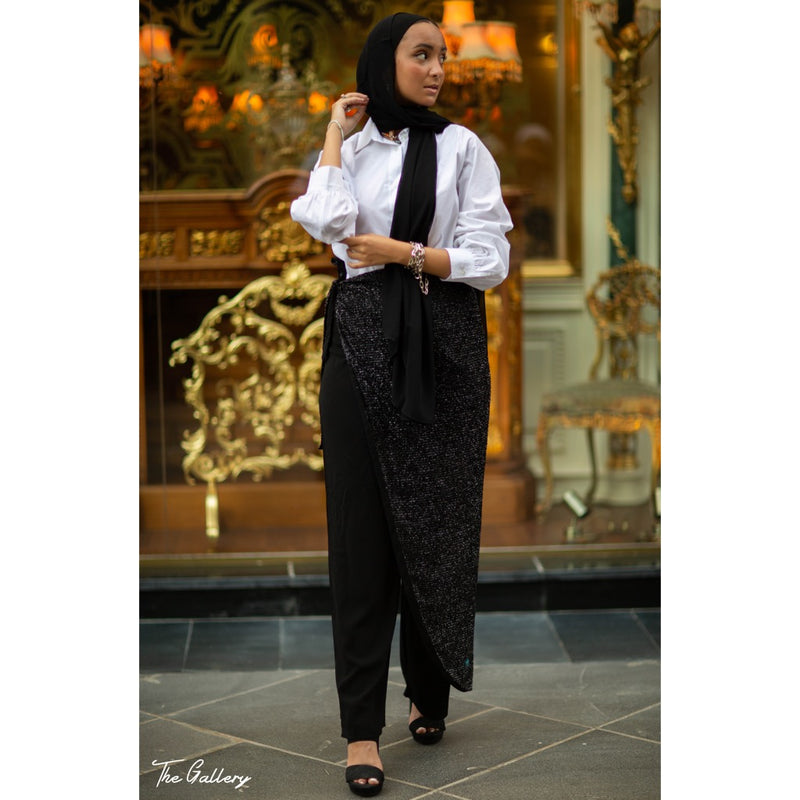 Black wide pants with separate glittery skirt