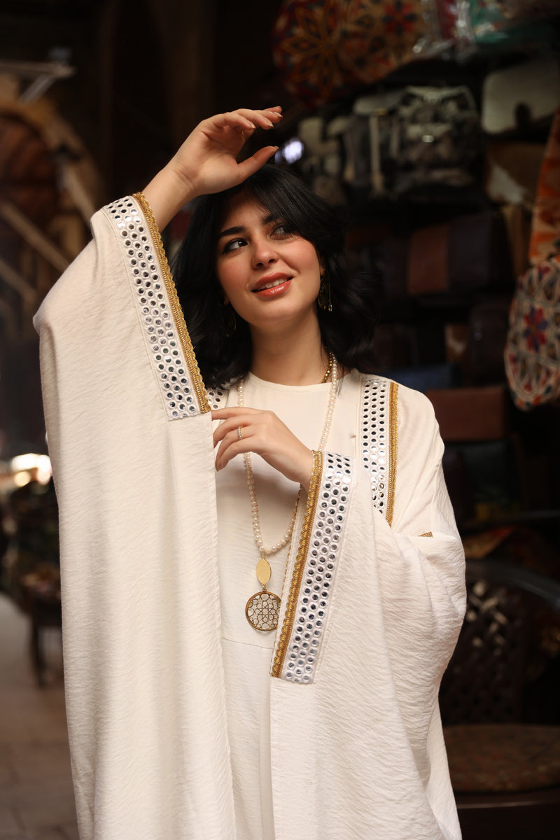 Off white mirror embroidered kaftan