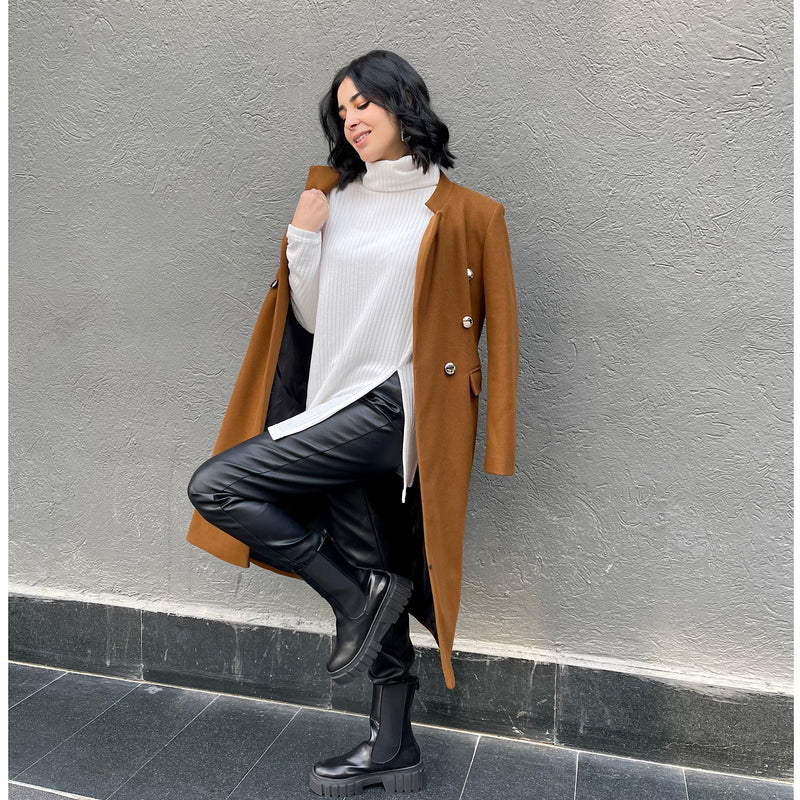 Double breasted camel wool coat