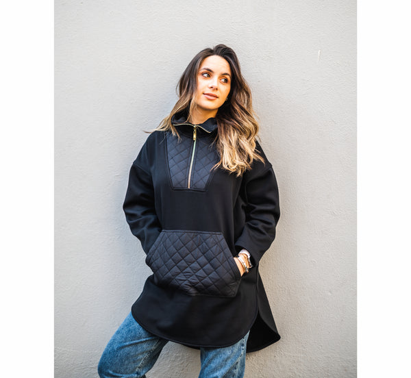 Black melton sweatshirt with pouch pocket