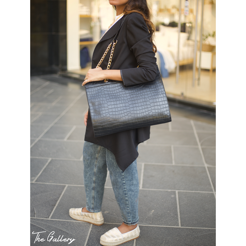 Black crocodile tote bag