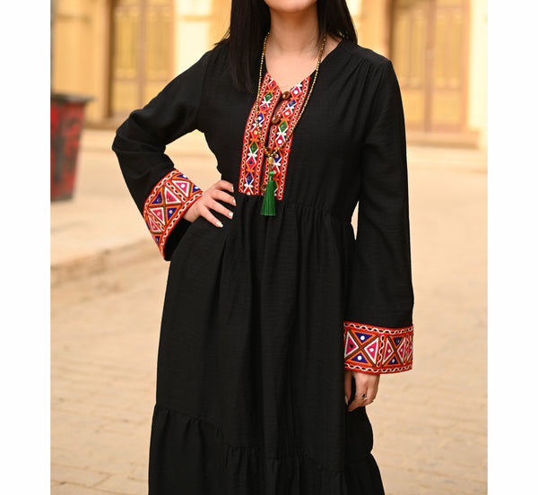 Black embroidered tiered dress