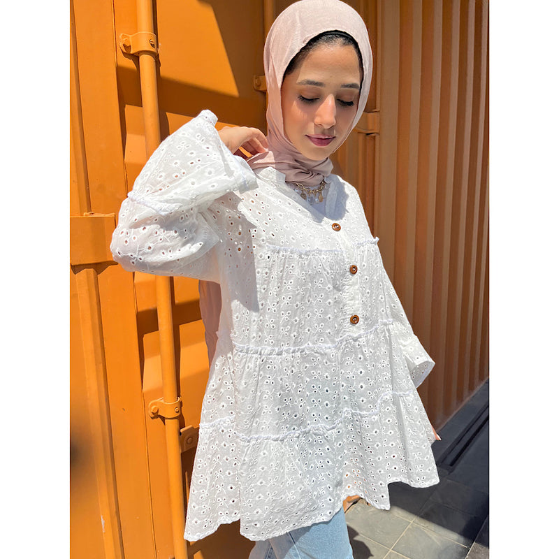 White cutwork tiered blouse