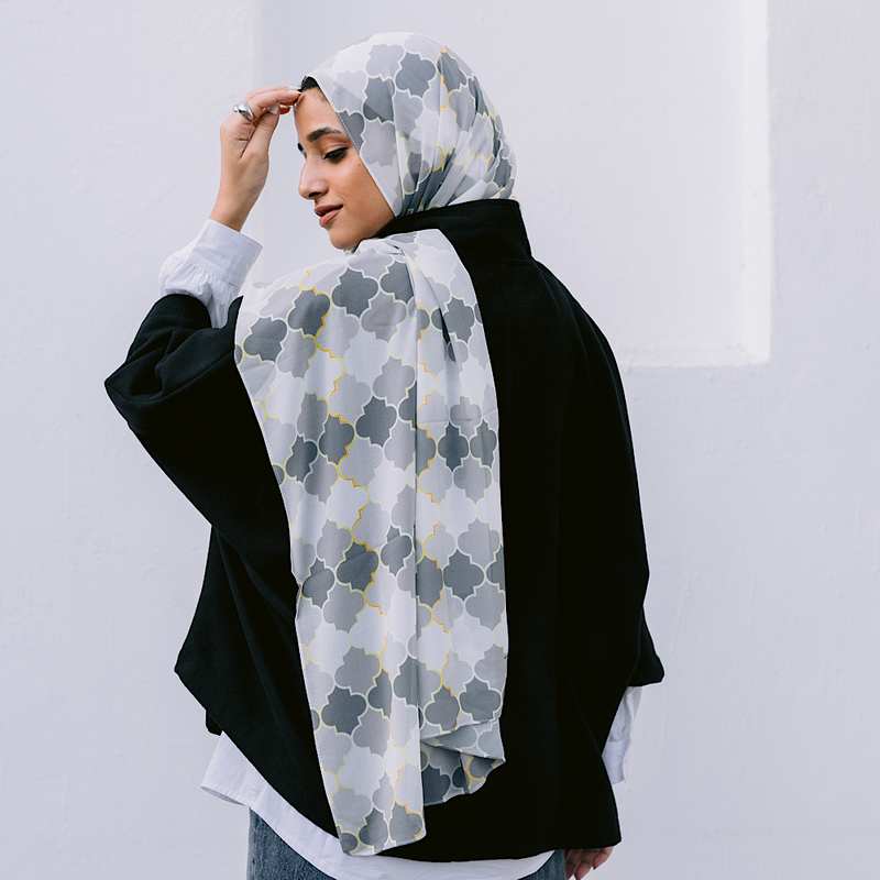 Grey Moroccan ornament pattern chiffon headscarf