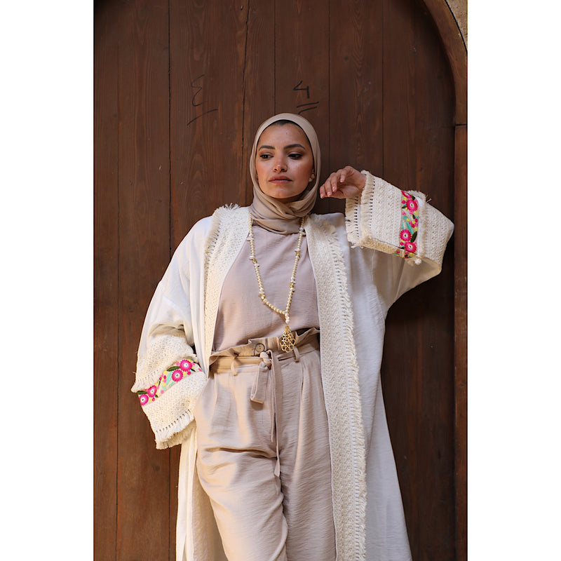 Off white embroidered kaftan cardigan