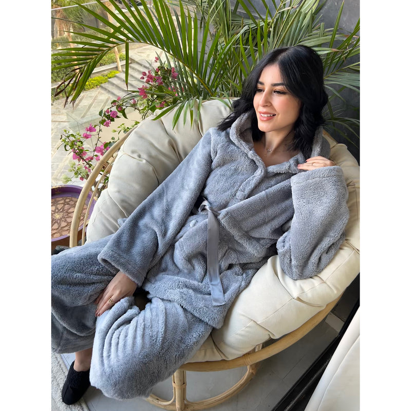 Grey fur buttoned pajama set