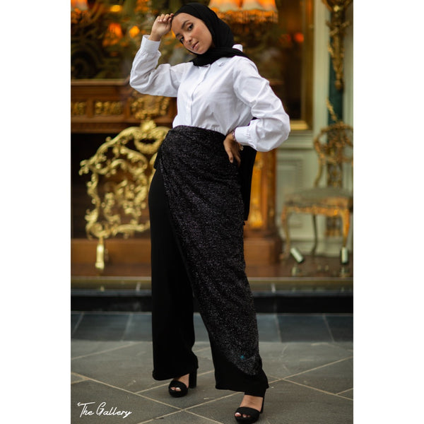 Black wide pants with separate glittery skirt