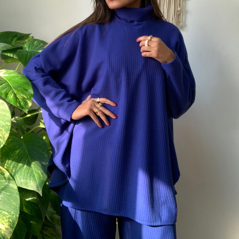 Blue Oversized knitted high neck sweater