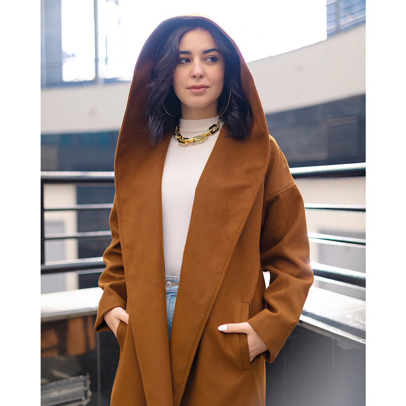 Shawl collar camel coat