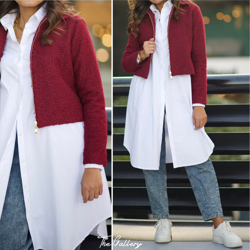 Faux shearling red  cropped jacket