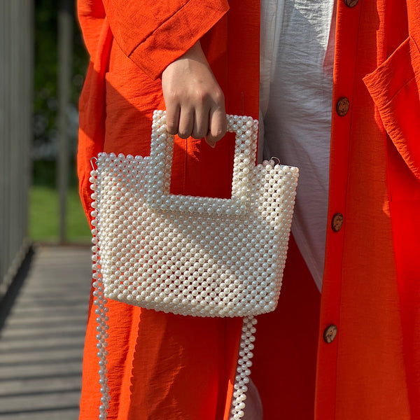 White  mini tote beaded bag