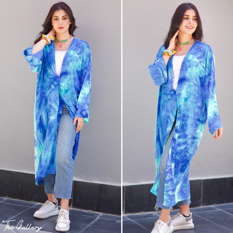 Blue contrast tie dyed wrap front cardigan